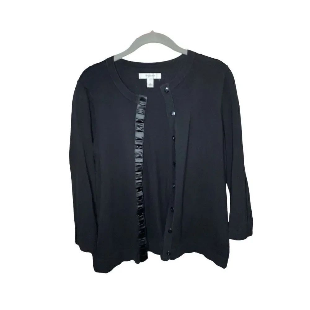 Liz Claiborne women’s black satin trim button up Cardigan medium - Picture 2 of 4